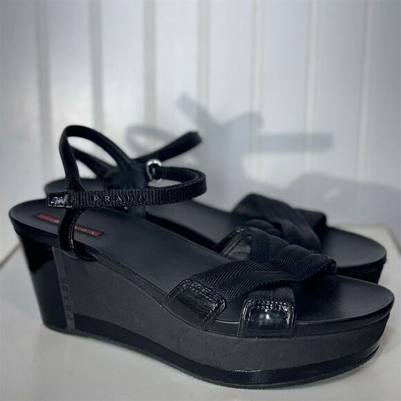 Prada Sport Black Wedge Sandals 40.5 Strappy Platform Hook & Loop Designer Shoes - Picture 5 of 11